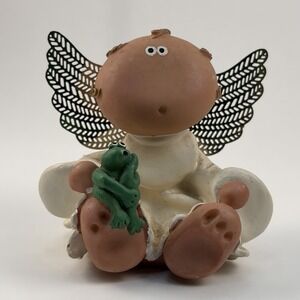 2001 Kirk Clay Angel Figurine White Robe Holding Green Frog‎ Cottagecore Cute